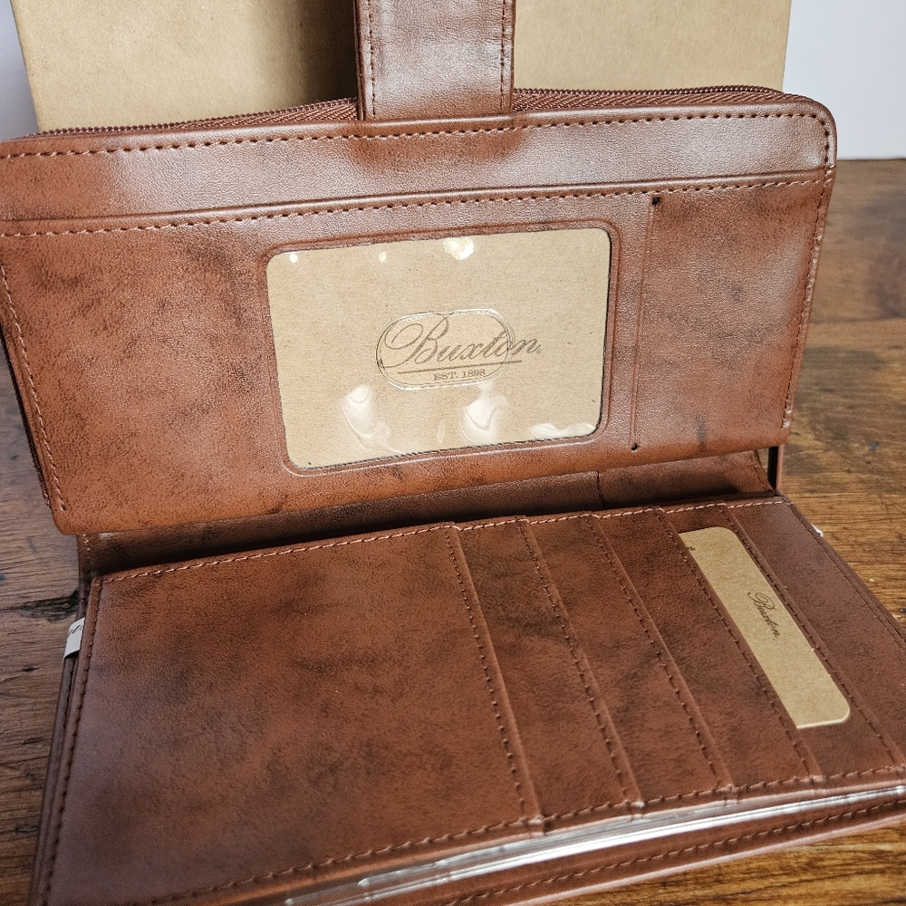 Buxton Brown Leather Wallet Womens Bifold New In Box W/ Photo Holder Insert - Picture 7 of 13
